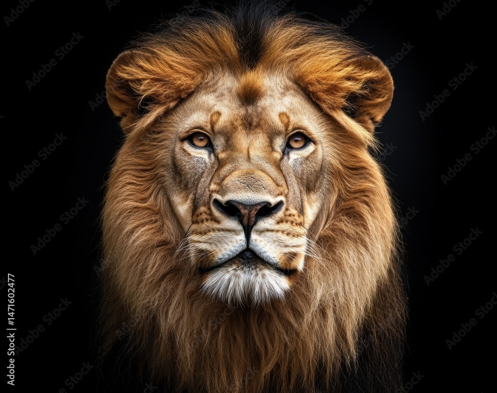 Fototapeta premium Majestic African lion portrait against a black background, showcasing its powerful gaze and golden mane. The image captures the wild beauty and regal nature of this magnificent creatur : Generative AI