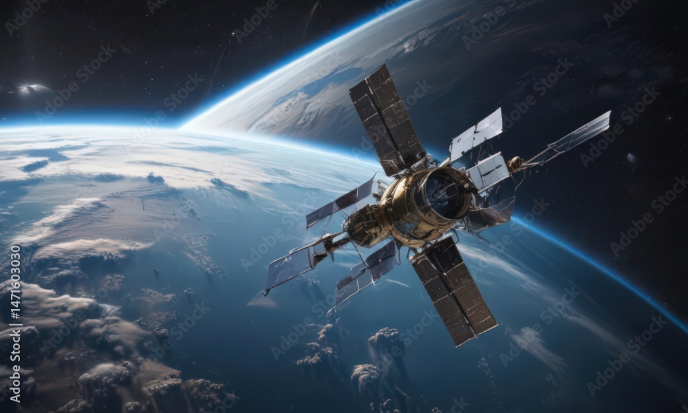 High-tech satellite orbiting Earth, broadcasting internet access , galaxy, power High-tech satellite orbiting Earth, broadcasting internet access , galaxy, power