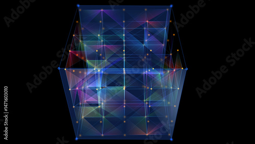 Abstract background 3D digital cube quantum computing in dark. 3D algoritm blockchain grid  dinamic blocks. Big data. Multi core box. Artificial intelligence design.