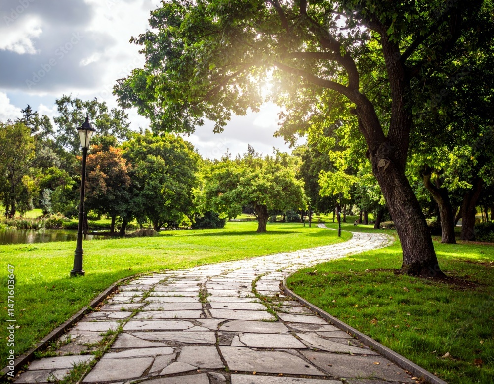 Obraz premium Scenic Pathway Through Lush Green Park with Sunlight Glimmering