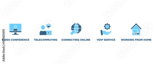 Remote working banner web icon vector illustration concept for working at home with icon of video conference, telecommuting, connecting online, voip, and working from home