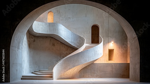 Modern concrete spiral staircase in an arched interior
