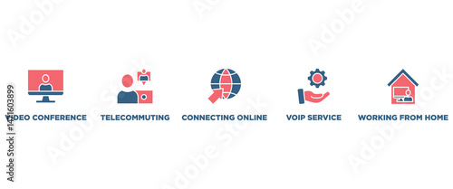 Remote working banner web icon vector illustration concept for working at home with icon of video conference, telecommuting, connecting online, voip, and working from home