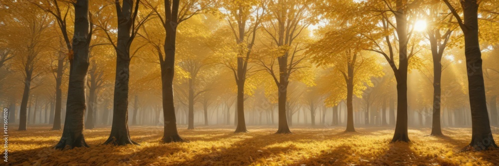 Golden leaves of deciduous trees densely packed in a sunlit clearing, clearing, environment, branch Golden leaves of deciduous trees densely packed in a sunlit clearing, clearing, environment, branch