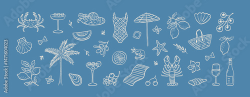Mediterranean summer vacation illustration set in sketch style. Italian holiday elements. Hand drawn lemons, seafood, lobster, shell, cocktail. Coastal collection for card, prints, wedding invitation.