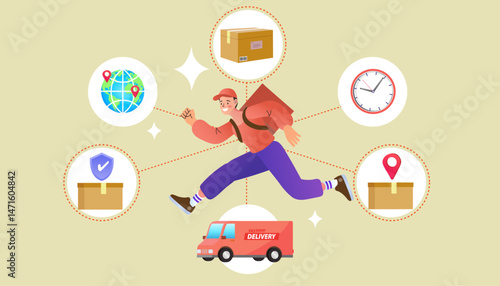 Delivery man holds a cardboard box. Man jumps over delivery van. Transport and people. male worker loads boxes in truck. Online shopping. Ecommerce concept. Vector flat design illustration.