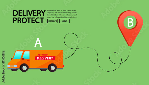 Orange delivery van driving from point A to point B location pin with route line. Concept of shipment insurance protection, secure logistics safety, guaranteed package arrival, and tracking map.