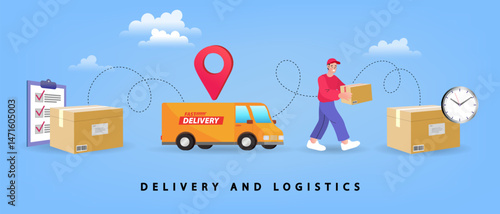 A logistics and delivery process from order fulfillment to shipment. A courier or delivery man transports cargo by van with GPS tracking, ensuring a fast, on-time delivery service for e-commerce.