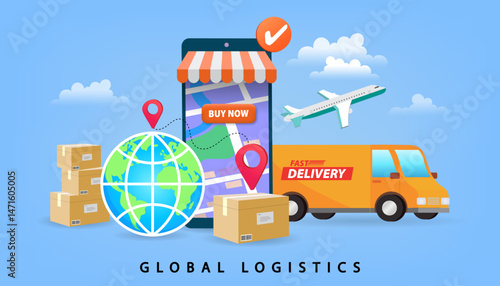 An online order from a mobile store starts a global logistics process. A delivery van, airplane, and boxes illustrate the international supply chain for shipping cargo and freight worldwide. 