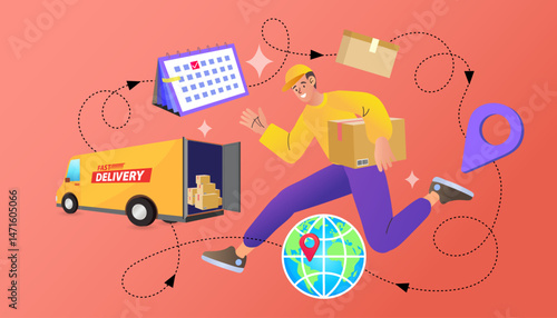 Delivery man holds a cardboard box. Man standing next to delivery van. Transport and people. male worker loads boxes in truck. Online shopping. Ecommerce concept. Vector flat design illustration.