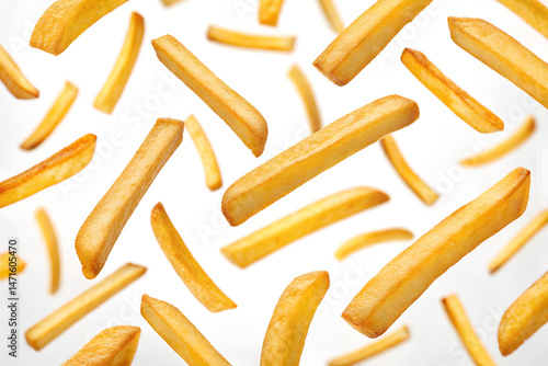 Crispy Golden French Fries Falling on White Background