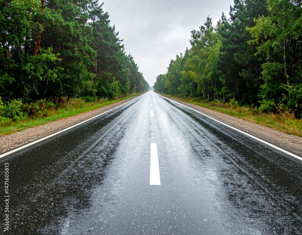 Serene Rainy Highway Surrounded by Lush Green Forest Landscape Serene Rainy Highway Surrounded by Lush Green Forest Landscape
