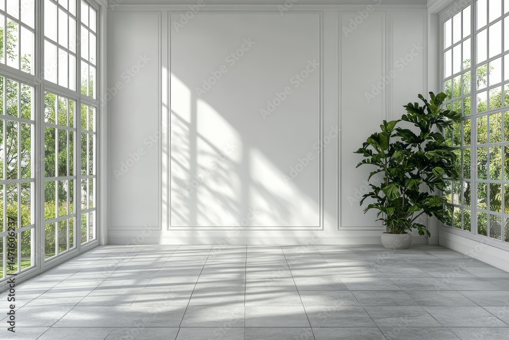 Obraz premium Spacious, sunlit interior with large windows and elegant molding.