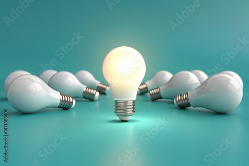Glowing Lightbulb Standing Out Among Dim Bulbs on Teal Background