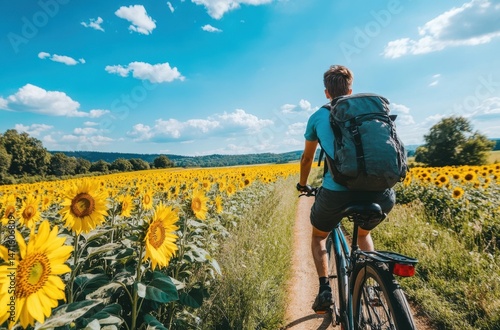 Young traveler riding a bike along sunflower fields in the