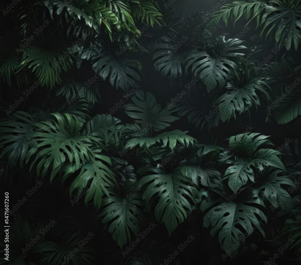 Intricate dark green tropical foliage creates a mysterious, shadowy black background , shadows, mysterious Intricate dark green tropical foliage creates a mysterious, shadowy black background , shadows, mysterious