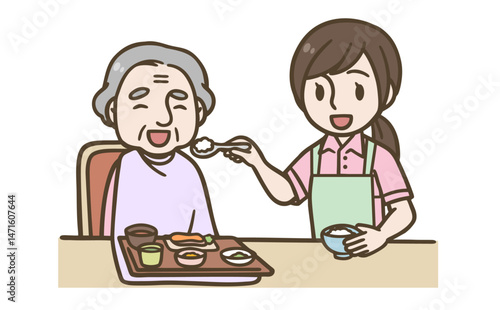 高齢者の食事介助のイラスト（医療・介護・福祉）
