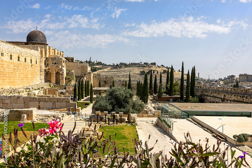 view of the old city and the ancient walls of Jerusalem, Israel