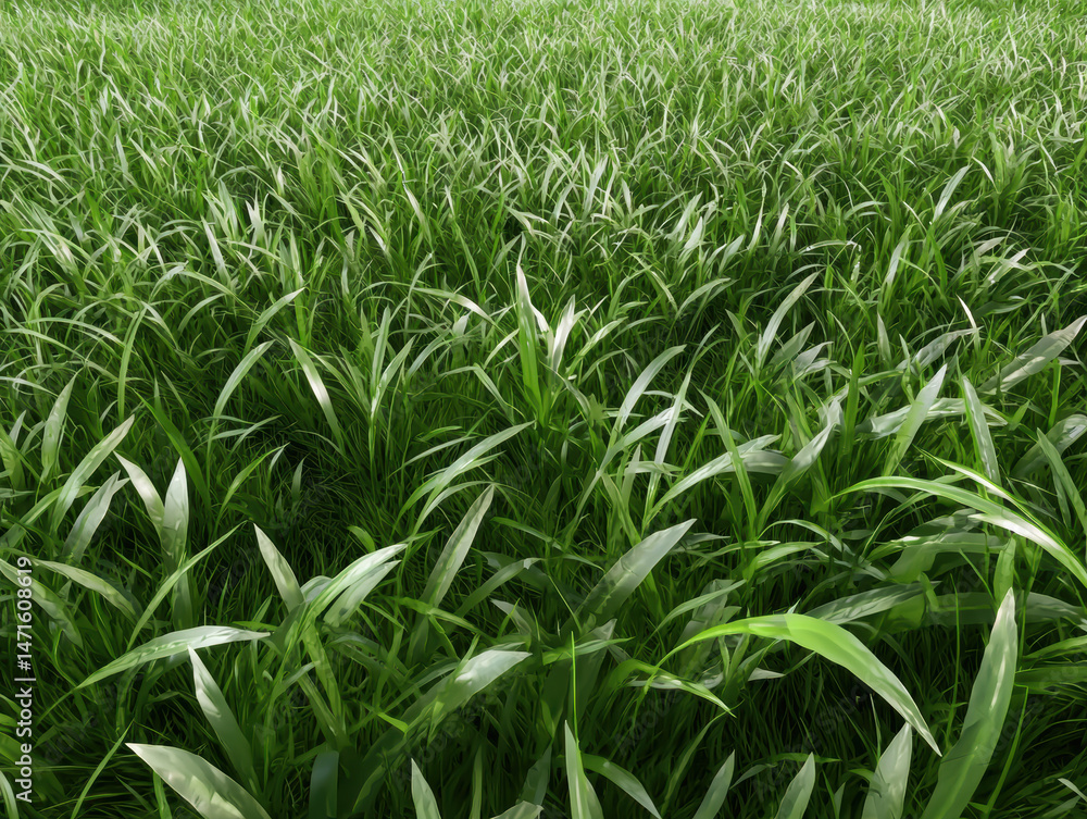 Obraz premium Lush green grass field with vibrant blades, natural outdoor landscape, peaceful and fresh atmosphere