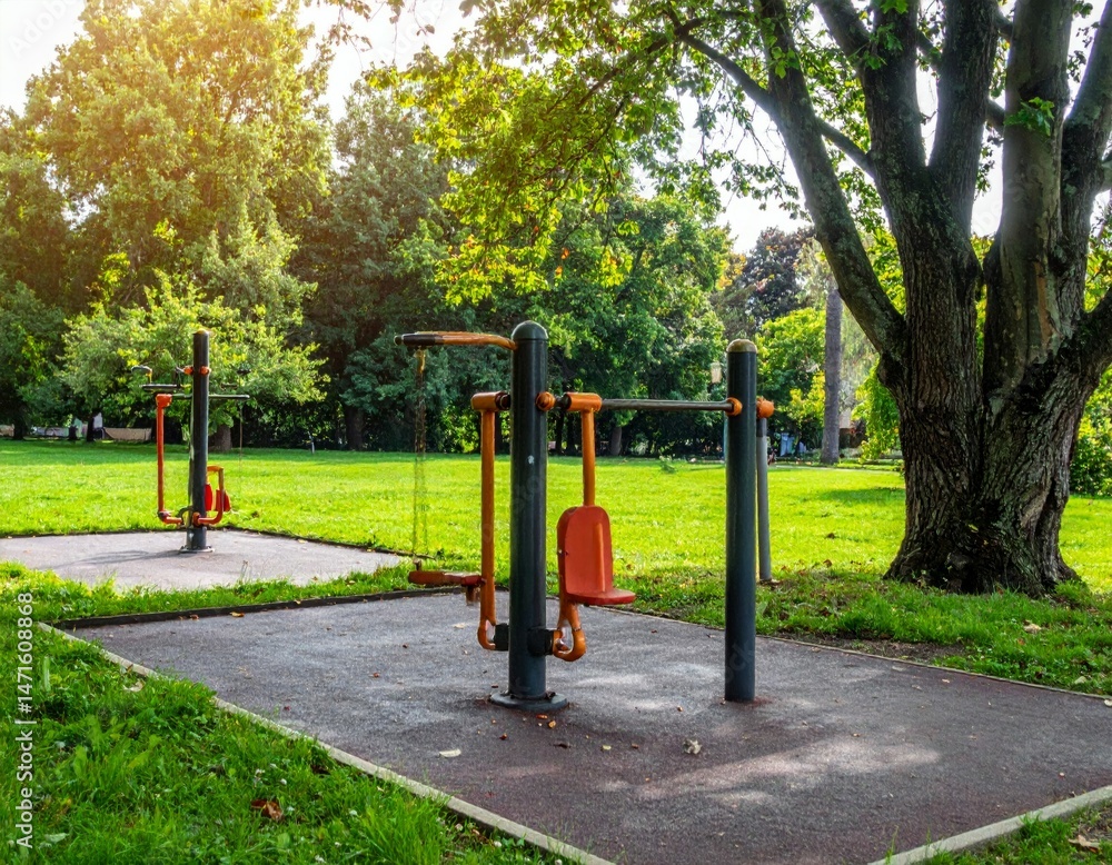 Outdoor Fitness Equipment in a Sunny Park Setting for Exercising Outdoor Fitness Equipment in a Sunny Park Setting for Exercising