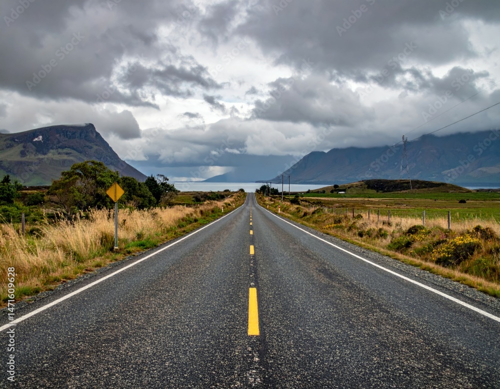 Naklejka premium Serene Roadway Surrounded by Mountains Under Overcast Sky