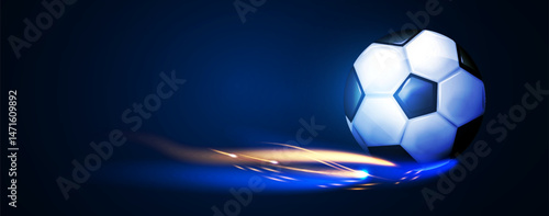 Soccer ball with speed and power light effect. Sports background. Match design.