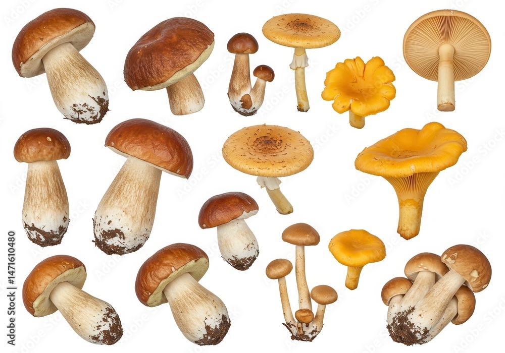 Assortment of edible mushrooms including porcini chanterelle and honey fungus on white Assortment of edible mushrooms including porcini chanterelle and honey fungus on white
