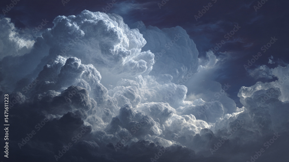 Naklejka premium Dense, gray cumulus clouds fill the frame, illuminated from within, creating a dramatic, textured sky scene symbolizing power, nature, and atmospheric conditions