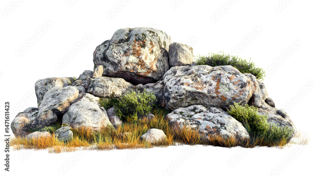 savannah landscape featuring large rocky stone formations with grass isolated on white background. Suitable for marketing or business purposes