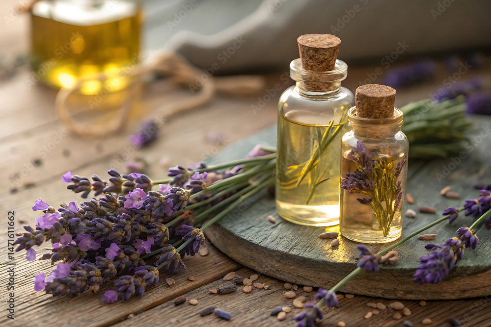 Lavender essential oil bottles displayed with fresh lavender flowers on wooden table Lavender essential oil bottles displayed with fresh lavender flowers on wooden table