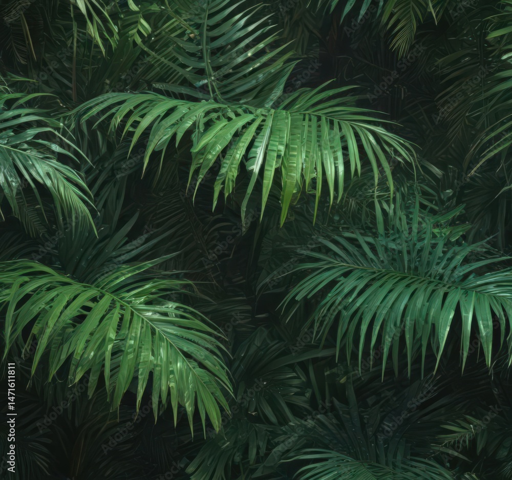 Fototapeta premium Intricate palm fronds, rich emerald hues, tropical light , close-up, emerald, photo