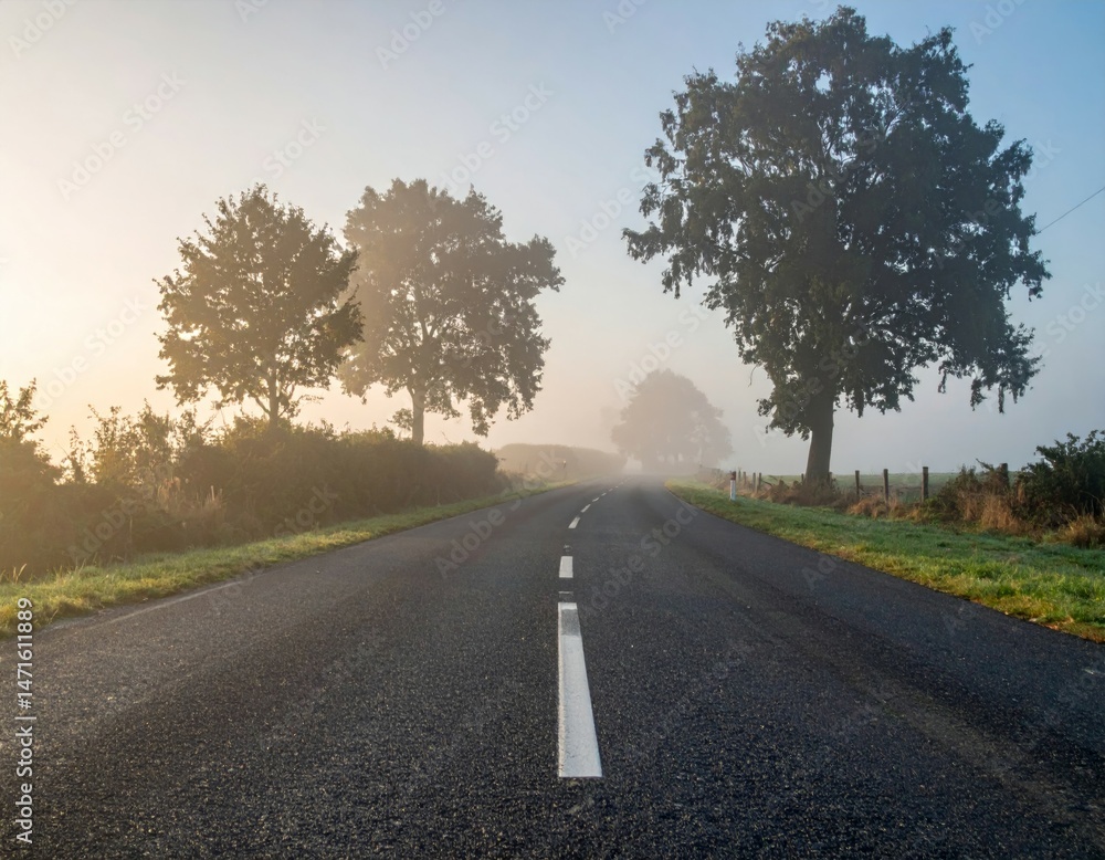 Fototapeta premium Serene Foggy Roadway Surrounded by Trees in Morning Light