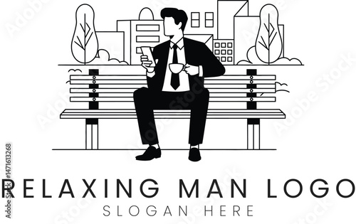 Relaxing Businessman Coffee Break Park Bench Logo Design art cup city line calm rest icon 