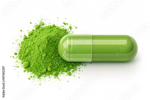 Open Green moringa powder Capsule Spilling Herbal Powder