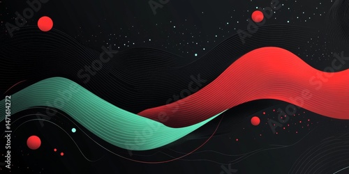 A black and red abstract space scene with a green square and a red sphere