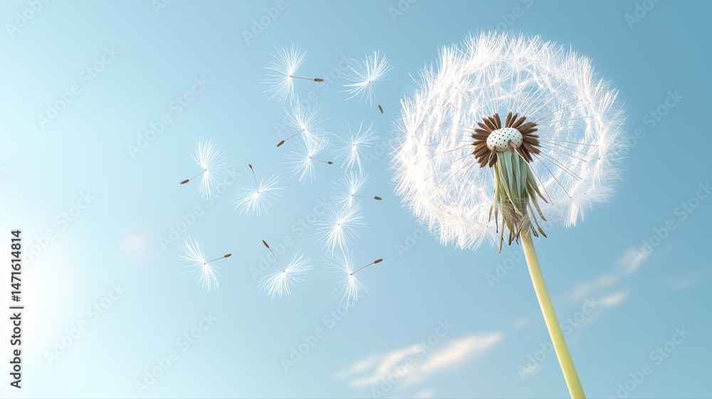 Fototapeta premium Dandelion Seeds Blowing in the Wind Against Blue Sky wind blowing sky seed blue sky clear sky nature