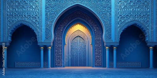 A blue building with arched doorways and a blue interior