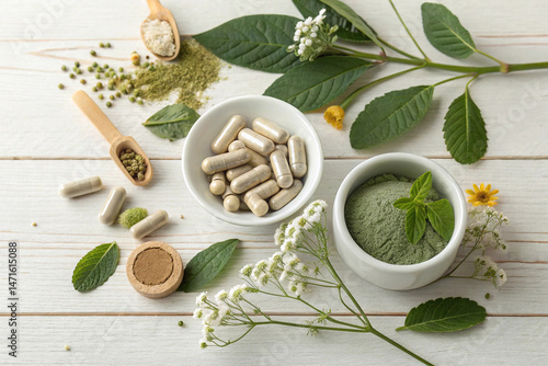 Natural supplements with pills powder and botanicals representing healthy lifestyle and wellness.