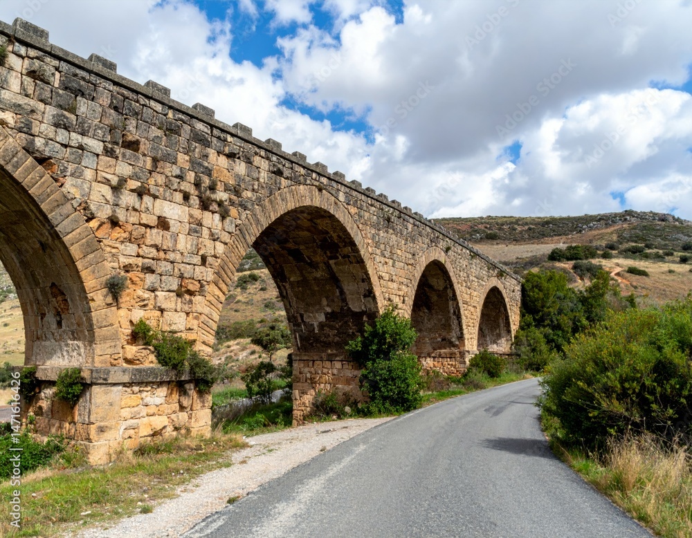 Fototapeta premium Ancient Stone Bridge Over Road Surrounded by Greenery and Landscape