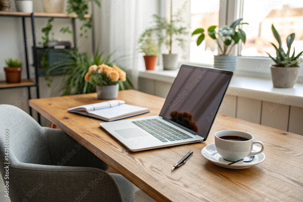 custom made wallpaper toronto digitalModern Home Office Desk with Laptop, Coffee Cup, and Green Plants