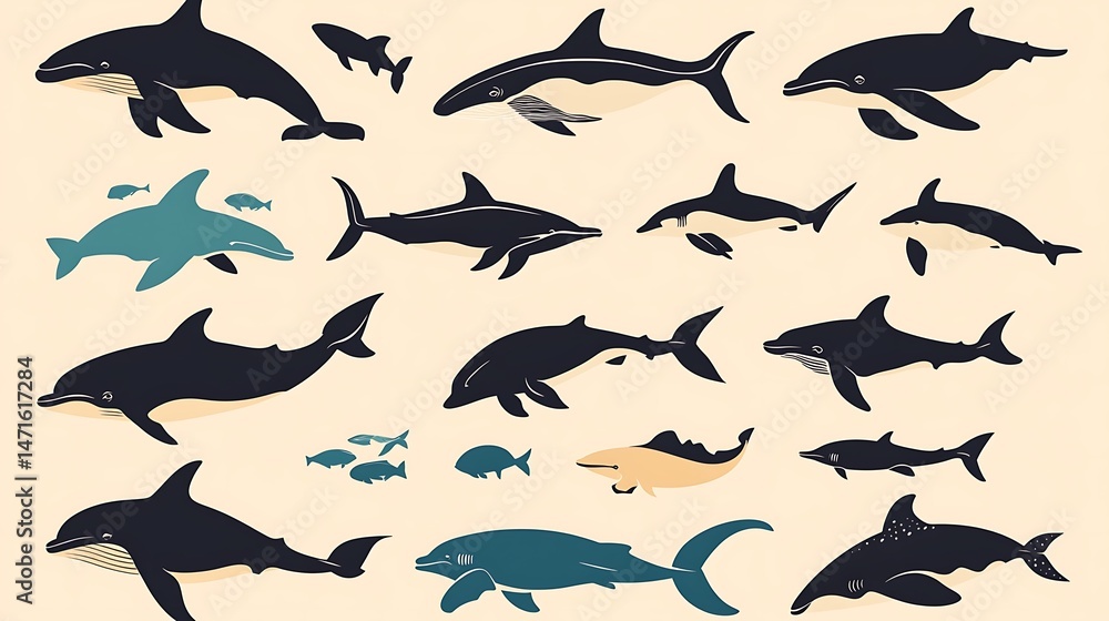 Ocean Dolphin Whale Silhouette Set.