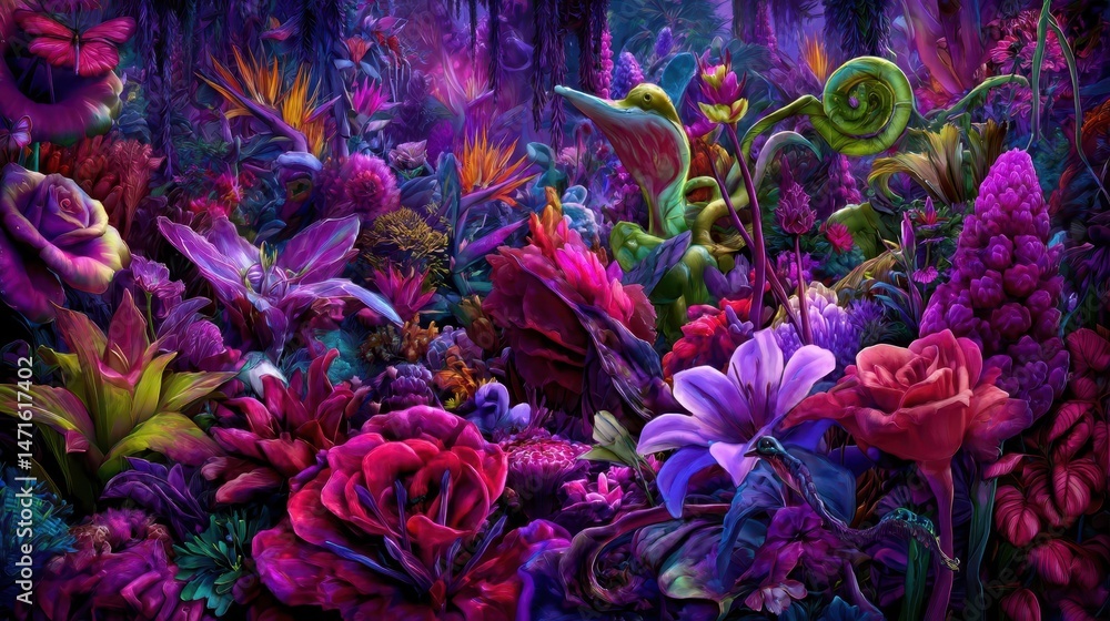A vibrant floral fantasy forest scene with deep hues. A vibrant floral fantasy forest scene with deep hues.