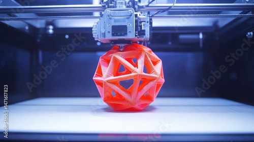3D printer creating a red geometric sphere