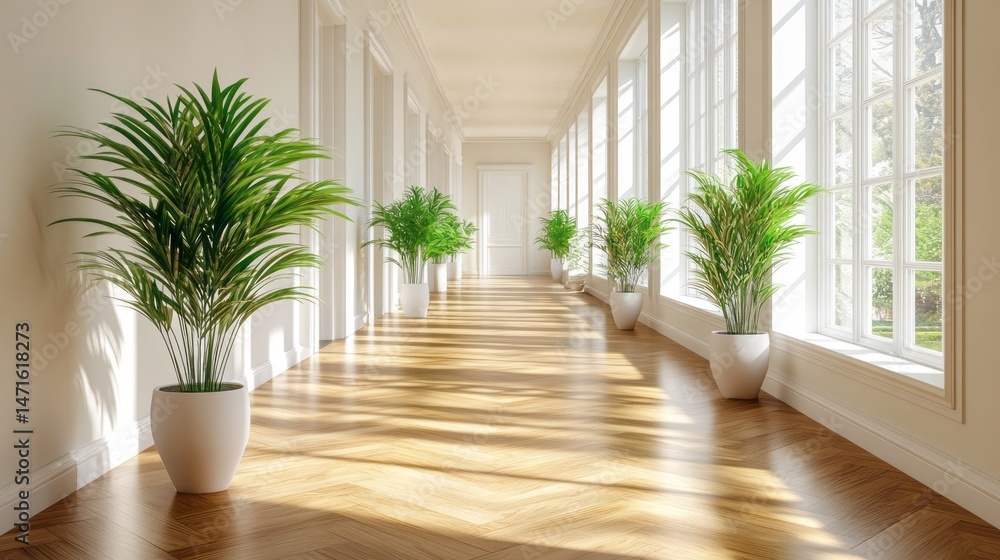 Sunlight-filled hallway with elegant plants and hardwood floors. Sunlight-filled hallway with elegant plants and hardwood floors.