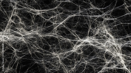 Intricate spiderweb texture; dense, chaotic network of thin, off-white threads against a black background