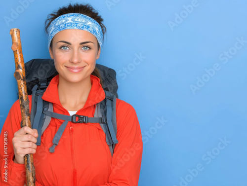 Woman in a hiking gear, hol...