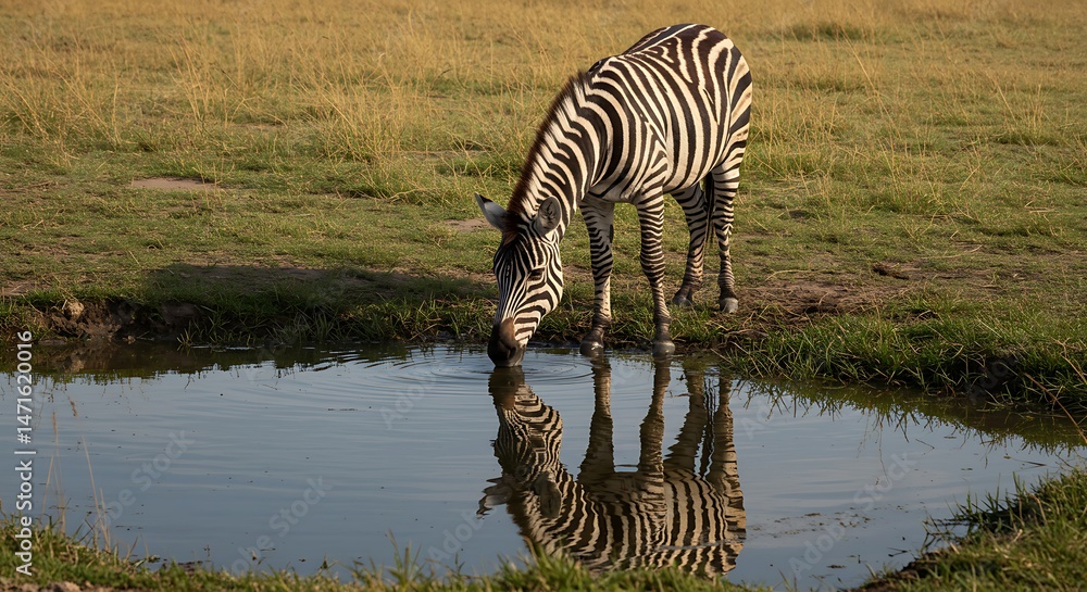 Naklejka premium Zebra drinks its reflection mirrored in water