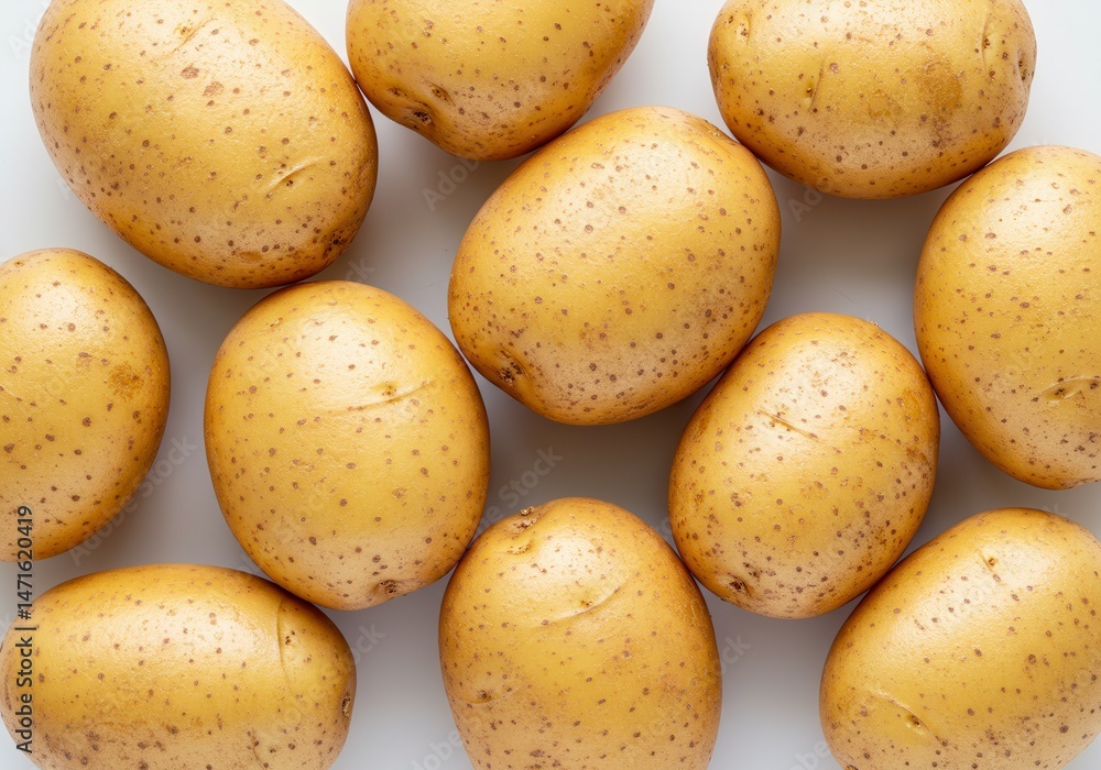 Overhead view of several raw potatoes on a white surface Overhead view of several raw potatoes on a white surface