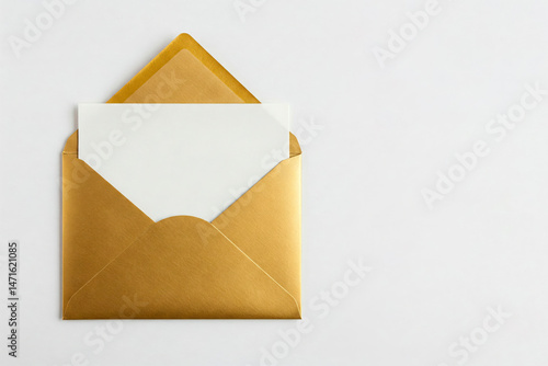A gold envelope with a white leaf inside. Space for text.