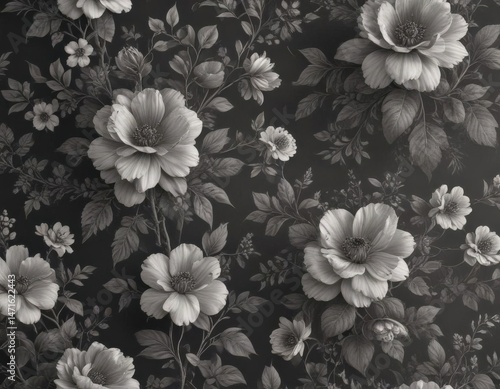 Subtle charcoal floral wallpaper, vintage feel  Delicate blooms & foliage seamlessly repeat , graphics, wall